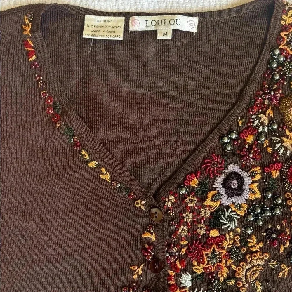 Lou Lou Cardigan Women’s M Choc Brown Beaded Embroidered 90s Y2K Retro Floral - Picture 4 of 6